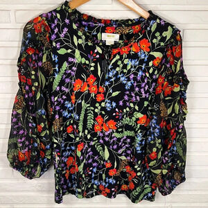 Maeve Black Floral Metallic Mixed Media Balloon Sleeves Top, Women’s Size Small